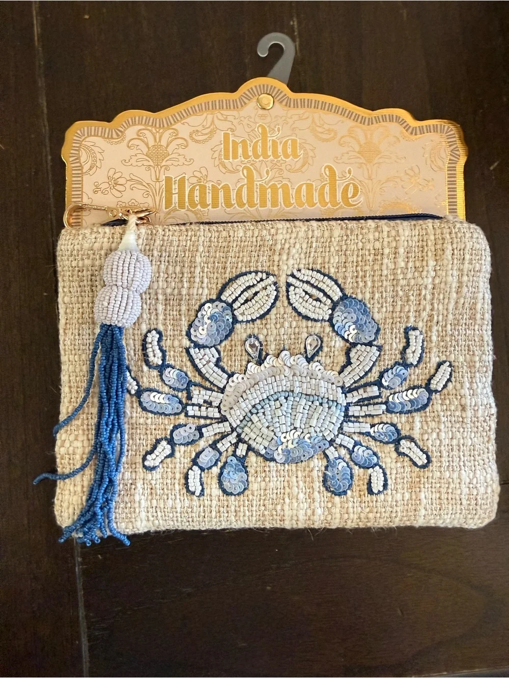 Beaded Crab Clutch — Blue & Natural